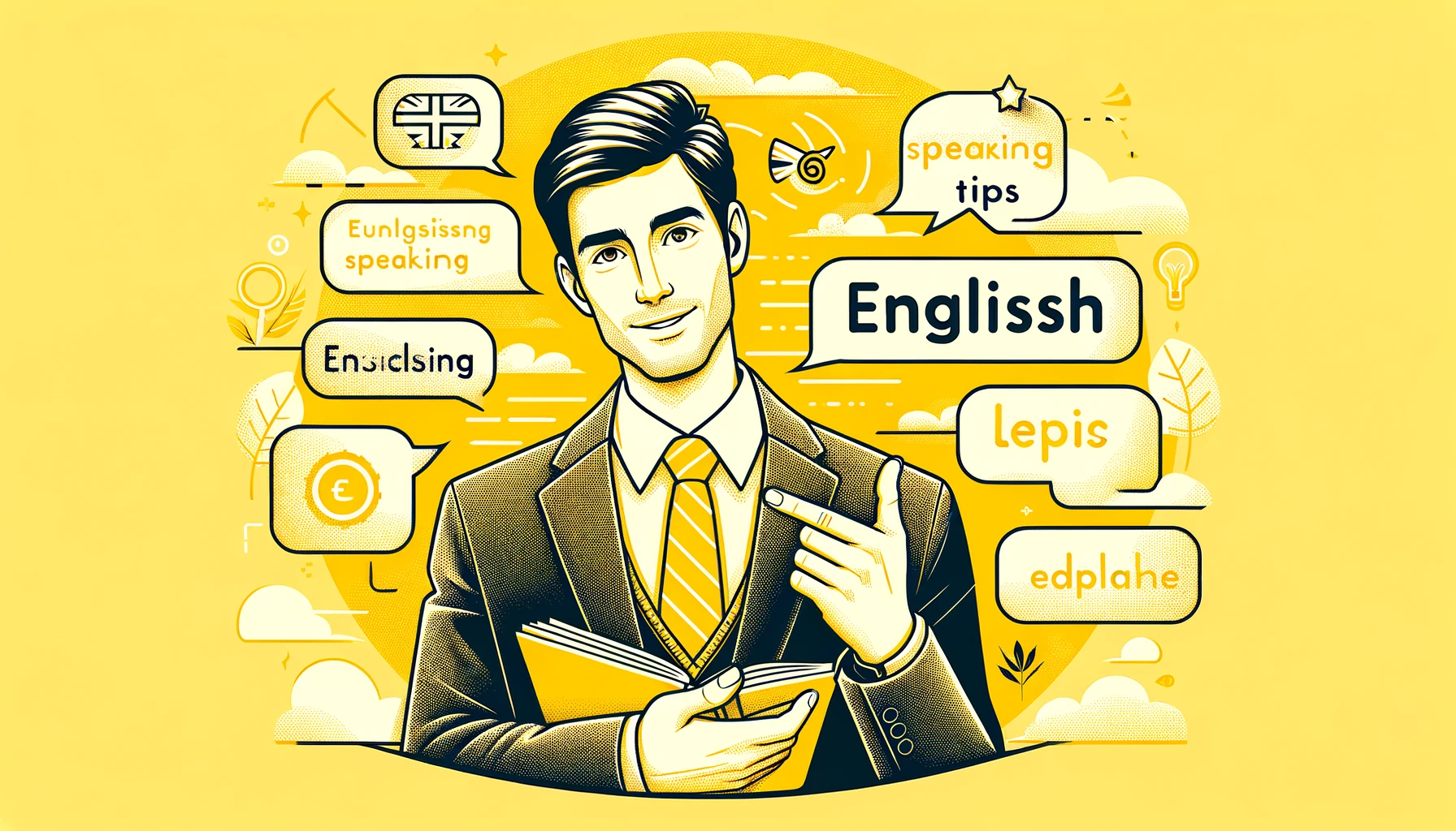 Illustration of an English Coach helping you with everything about speaking fluent English.